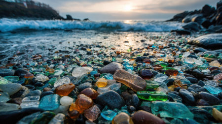 Beautiful pieces of glass scatter across the beach as sunset casts warm hues on the water.の素材