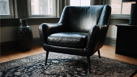 A well designed leather chair sits elegantly in a sunlit room creating a calm nook for relaxation.の素材