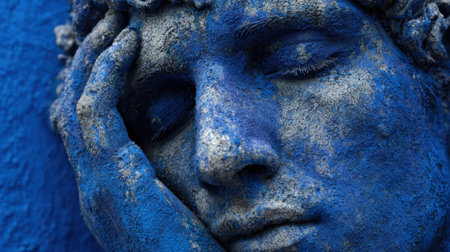 A blue toned sculpture captures a figures hand on its face conveying deep emotion on a colorful wall.の素材