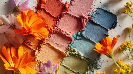 Bright pastel colors blend beautifully with fresh flowers on a crafting table celebrating creativity.の素材