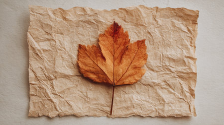 A dried maple leaf lays gently on textured crumpled paper capturing the essence of autumn.の素材