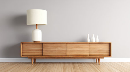 A wooden sideboard holds a sleek lamp and simple vases enhancing an airy contemporary space.の素材
