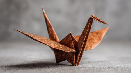 A finely crafted brown origami crane displays its wings elegantly enhancing the serene atmosphere.の素材