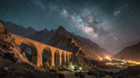 Stars sparkle over a historic bridge surrounded by majestic mountains and glowing valley lights.の素材