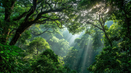 Sunbeams filter through thick trees in a lush forest highlighting the vibrant greenery and tranquility.の素材