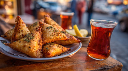A plate of delicious pastries sits besides refreshing tea on a lively street at dusk.の素材