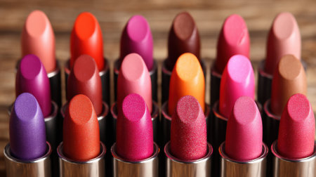 Various lipsticks in bold shades display their beauty on a rustic wooden background inviting exploration.の素材