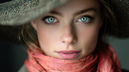 A young woman with captivating blue eyes wears a stylish hat and a colorful scarf radiating charm.の素材