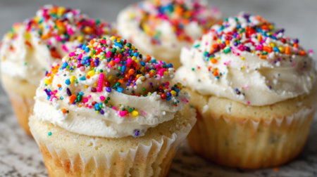 Four freshly baked cupcakes with creamy frosting and vibrant sprinkles delightfully arranged perfect for any occasion.の素材