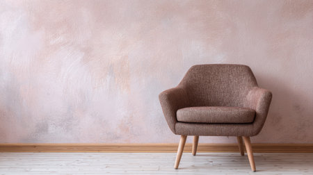 A comfortable brown armchair sits against a calming pink wall creating a peaceful setting.の素材
