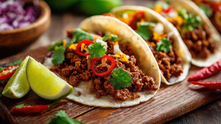 Delicious tacos filled with flavorful meat topped with fresh herbs and vibrant chilies await hungry diners.の素材