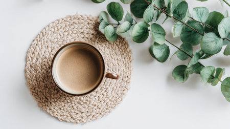 A cozy coffee cup rests on a woven mat accompanied by lush green leaves creating a serene atmosphere.の素材