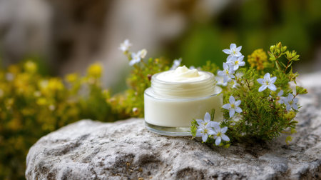 A creamy lotion sits on a smooth stone framed by small blue and yellow flowers in a peaceful garden.の素材