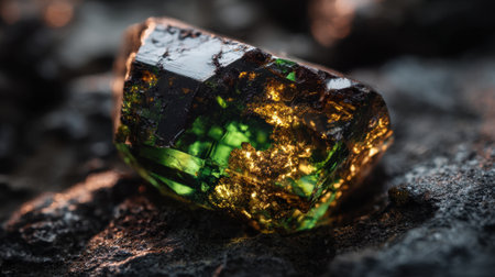 Bright crystal showcases stunning green and gold colors shimmering against a dark background.の素材