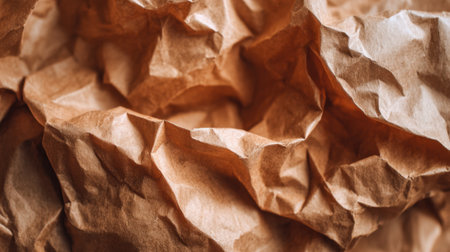 Crinkled brown paper forms intricate patterns and shadows showing natural textures and shapes.の素材