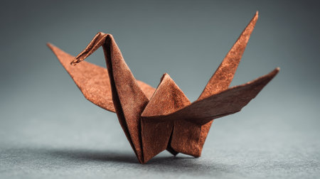 A carefully crafted brown origami crane rests gracefully on a smooth surface illuminated by gentle light.の素材