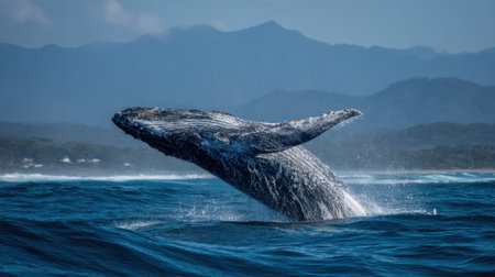 A humpback whale leaps into the air showcasing its stunning size and grace against a beautiful backdrop of mountains and sea.の素材