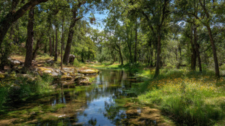 A serene stream flows gently through a vibrant green forest filled with trees and wildflowers.の素材