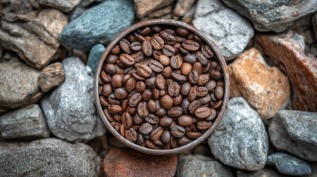 Coffee beans fill a rustic bowl resting among smooth stones creating a tranquil morning scene.の素材