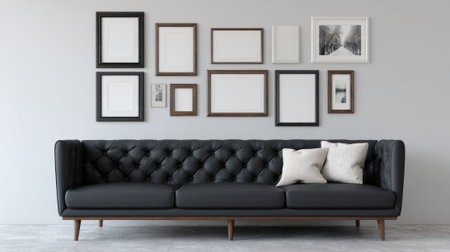 Stylish black tufted sofa rests against a plain gray wall with empty picture frames.の素材