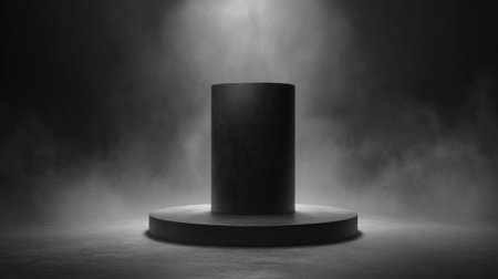 A mysterious black pedestal stands alone under soft light surrounded by swirling mist.の素材