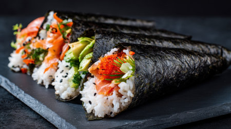 Fresh sushi hand rolls display colorful fillings of fish and vegetables on a textured surface.の素材