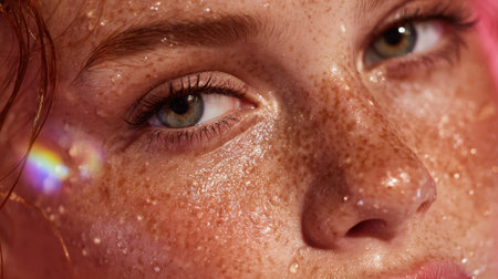 A close up captures a person with radiant skin and freckles sparkling under natural light.の素材