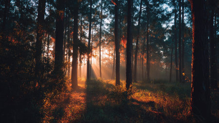 Sunlight breaks through the trees casting soft light on the forest floor at dawn.の素材