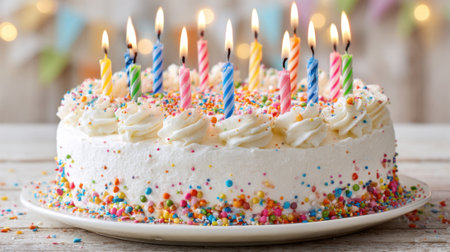 Brightly lit candles atop a large cake create a festive atmosphere at a birthday celebration.の素材