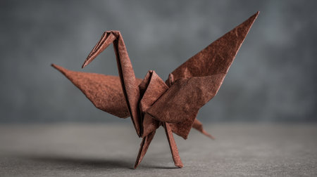 A delicate origami crane stands beautifully on a simple surface showing its intricate folds and design.の素材