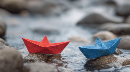 Two paper boats one red and one blue glide gently on a stream over smooth stones showing creativity.の素材