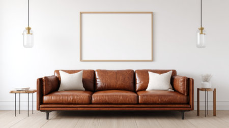 Warm leather sofa invites relaxation while simple decor enhances a cozy atmosphere in the roomの素材