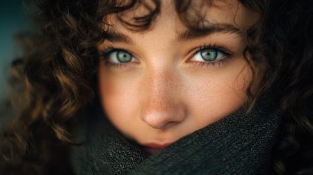 A young person with curly hair wraps a dark scarf around their neck looking thoughtfully ahead.の素材