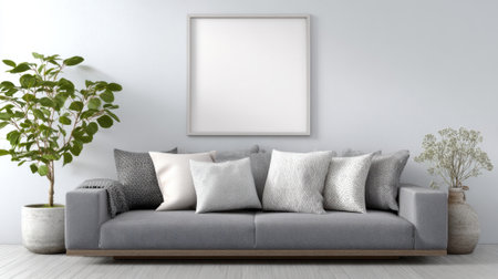 Modern living room features a stylish gray sofa adorned with soft pillows and vibrant plants.の素材