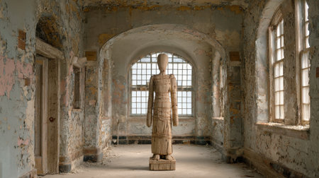 Dust and decay surround a tall wooden statue showing its serene presence in a neglected space.の素材