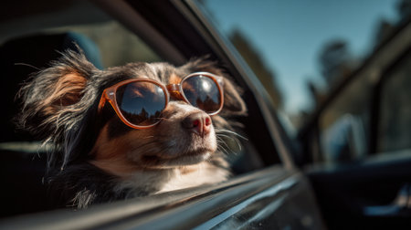 Dog with sunglasses relaxes in a car feeling the breeze and sunshine during a road trip.の素材