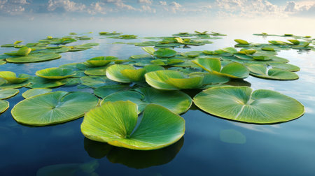 Bright green lily pads gently rest on tranquil water reflecting the soft light of dawn.の素材