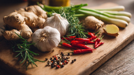 Colorful herbs and spices lay beautifully on a wooden board ready for culinary creation.の素材