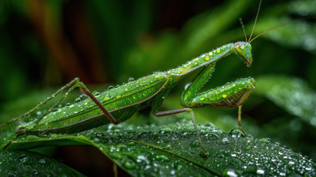 A lively green mantis sits on lush leaves glistening with raindrops in a tranquil setting.の素材