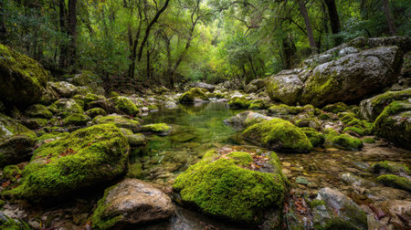 A peaceful stream flows gently through a lush forest with mossy rocks lining its banks.の素材