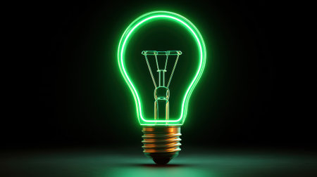 A glowing green neon light bulb stands out with vibrant energy and modern aesthetics.の素材