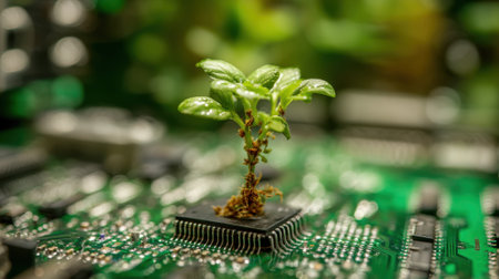 A green plant emerges from a circuit board blending nature with technology in a unique scene.の素材