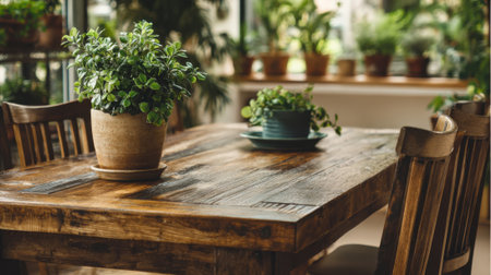 A cozy setting with a wooden table and vibrant potted plants creating a refreshing atmosphere.の素材