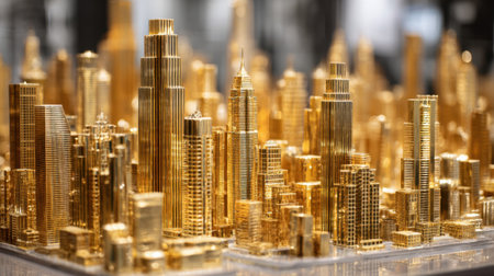 A stunning miniature city with shiny golden buildings reflecting light and architectural details.の素材