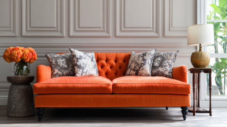 Cozy living room features a vibrant orange sofa adorned with floral cushions accompanied by a side table and lamp.の素材