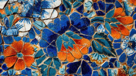 Beautiful mosaic artwork with blue and orange flowers decorated with intricate tile pieces.の素材