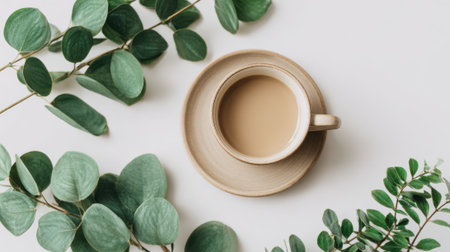 A warm cup is set in the center with lush green leaves around it creating a peaceful scene.の素材