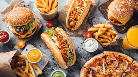 Friends share a delicious spread of burgers hot dogs fries and pizza on a vibrant table.の素材