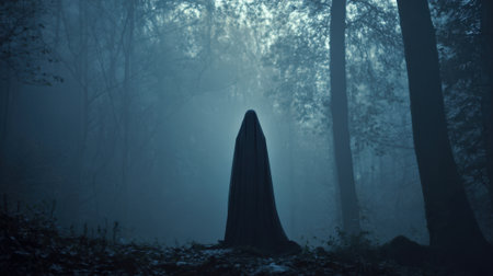 A shadowy figure stands in a dimly lit forest surrounded by thick mist and towering trees.の素材