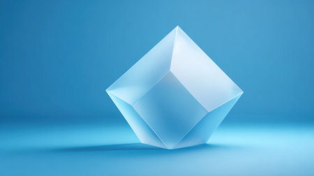 A clear cube stands alone on a soft blue background highlighting its geometric beauty and clarity.の素材